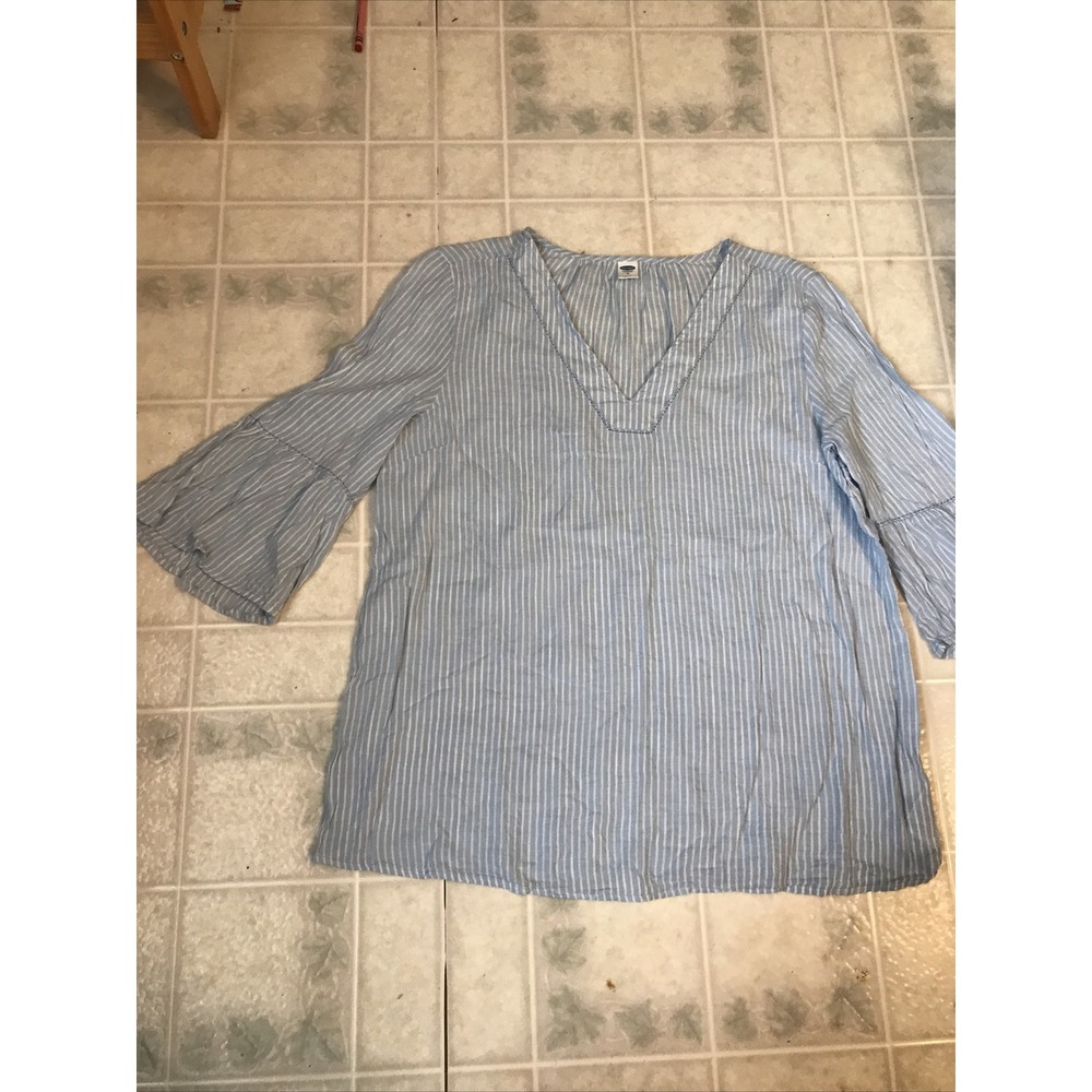 Old navy Tunic Cotton Bl Blue White Stripe Tunic Popover 3/4 ruffled slv Medium